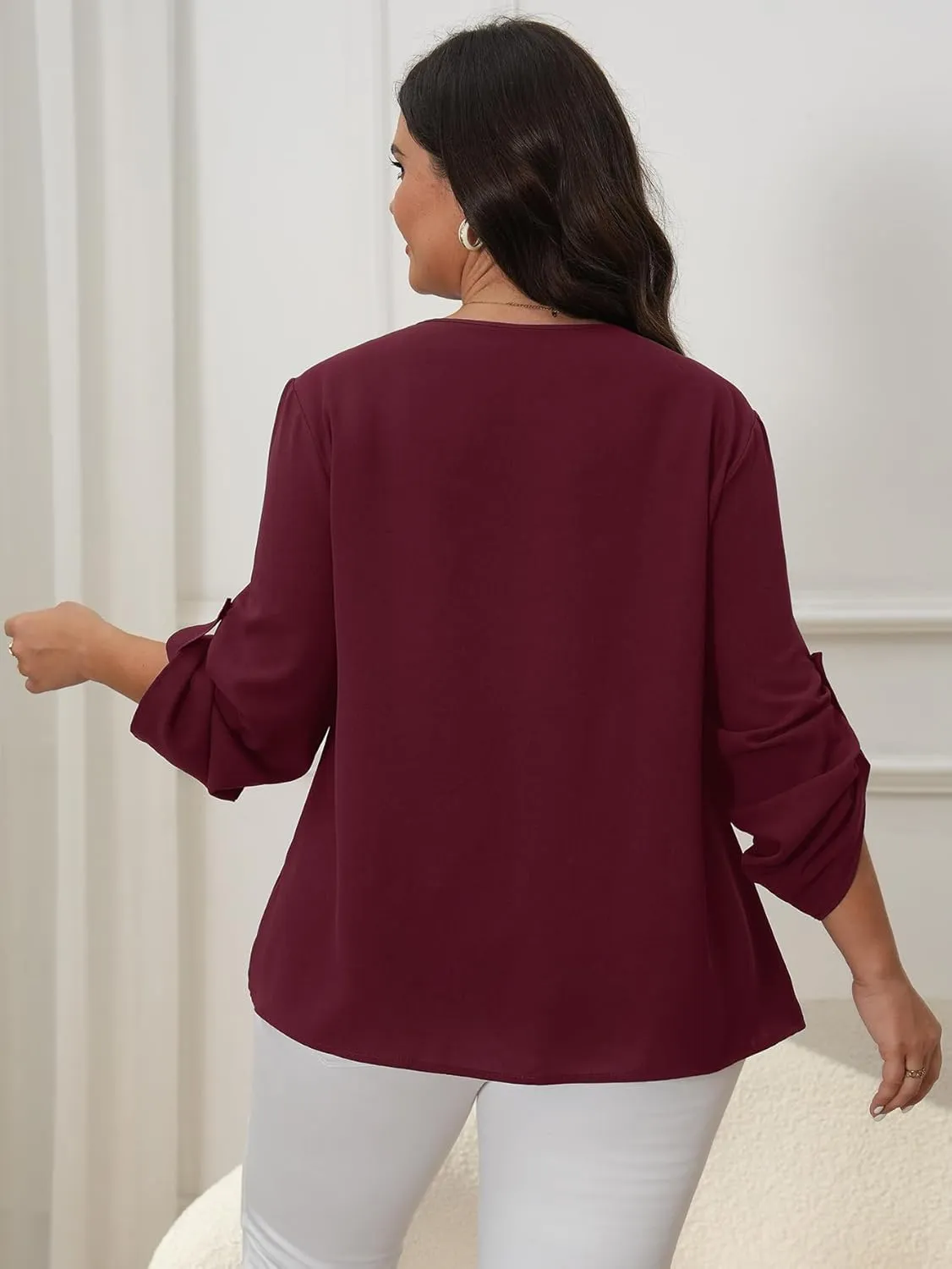 SCOMCHIC Women's Plus Size Blouses 3/4 Cuffed Sleeve Dressy Tunic Tops V Neck Casual Loose Blouse Pleated Shirts