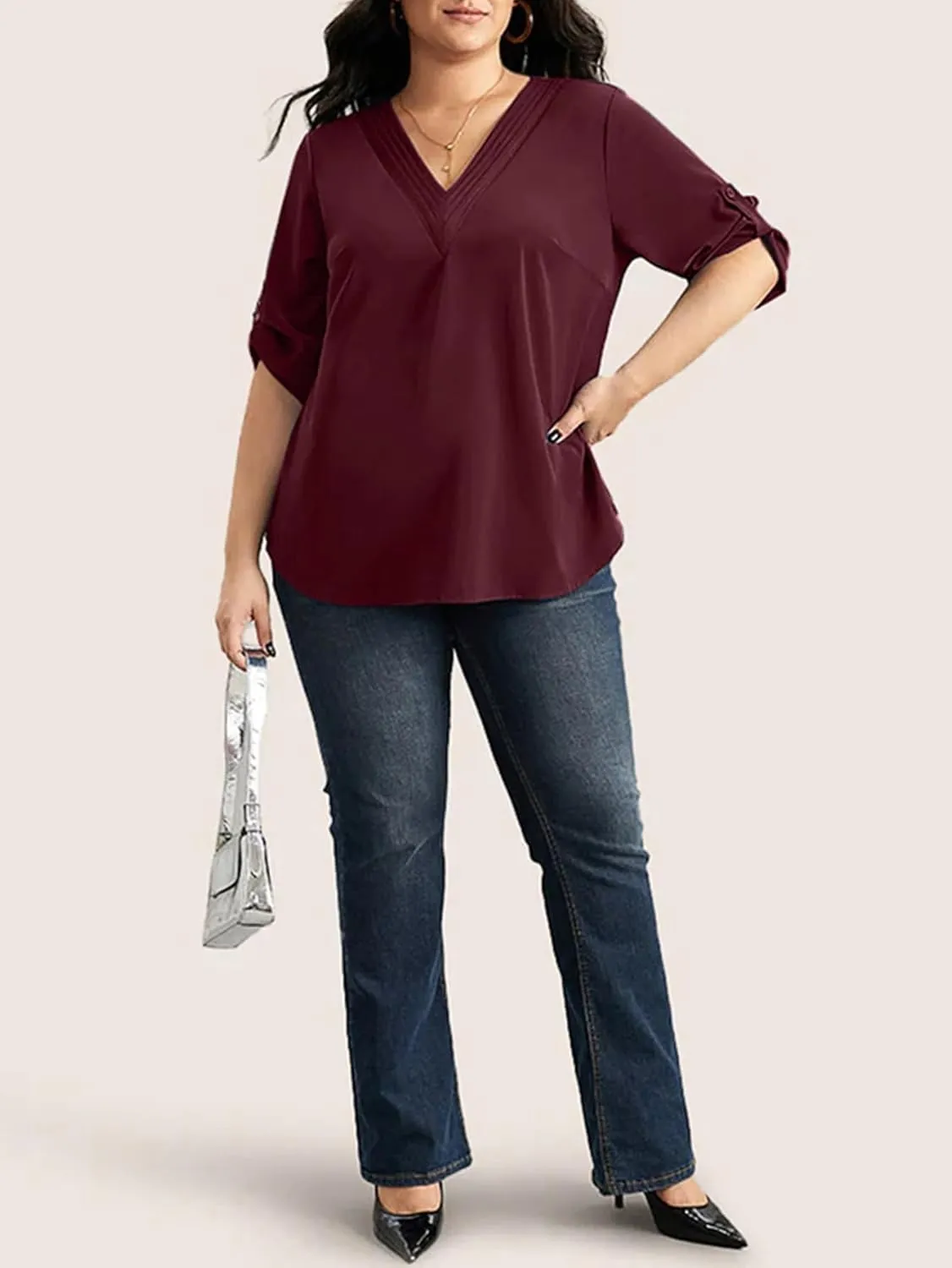 SCOMCHIC Women's Plus Size Blouses 3/4 Cuffed Sleeve Dressy Tunic Tops V Neck Casual Loose Blouse Pleated Shirts