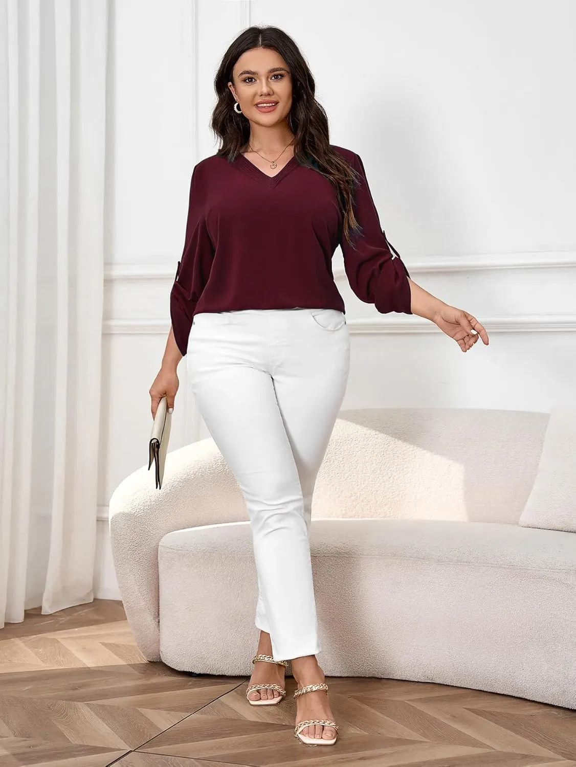 SCOMCHIC Women's Plus Size Blouses 3/4 Cuffed Sleeve Dressy Tunic Tops V Neck Casual Loose Blouse Pleated Shirts