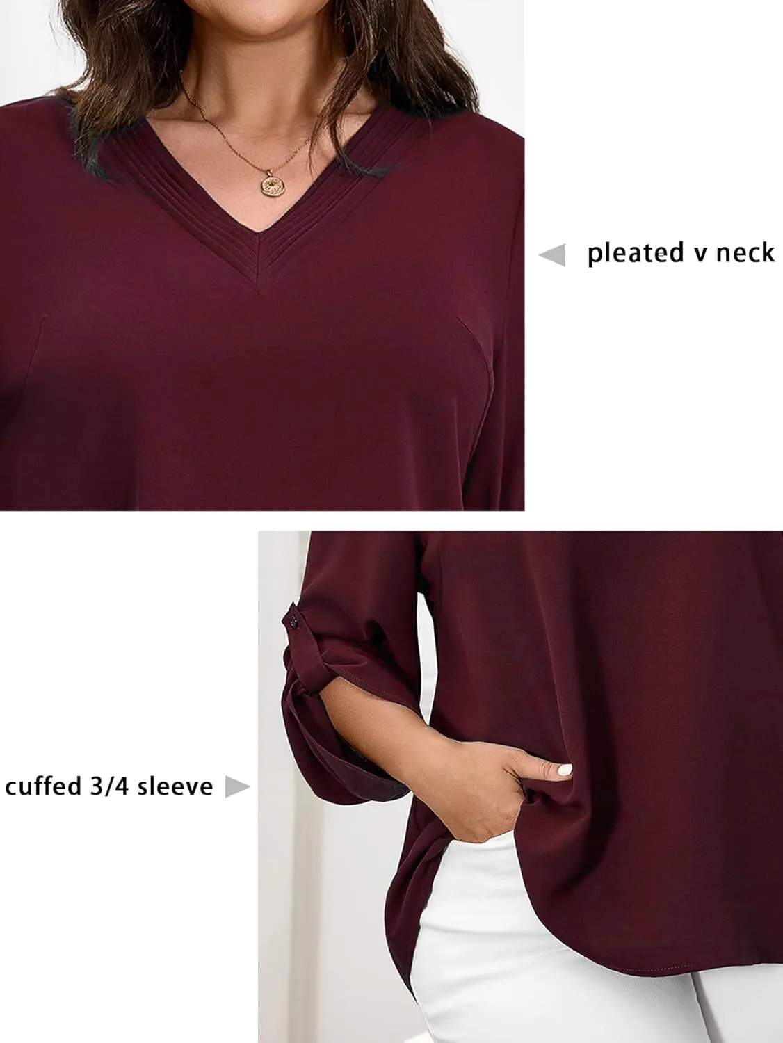 SCOMCHIC Women's Plus Size Blouses 3/4 Cuffed Sleeve Dressy Tunic Tops V Neck Casual Loose Blouse Pleated Shirts
