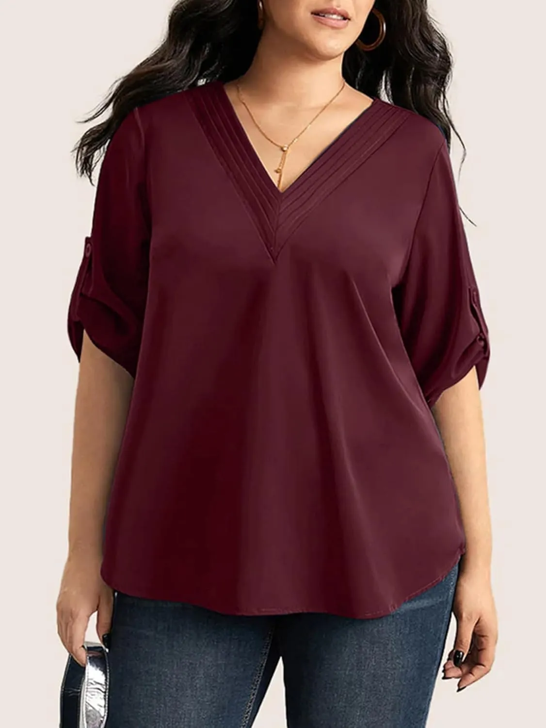 SCOMCHIC Women's Plus Size Blouses 3/4 Cuffed Sleeve Dressy Tunic Tops V Neck Casual Loose Blouse Pleated Shirts