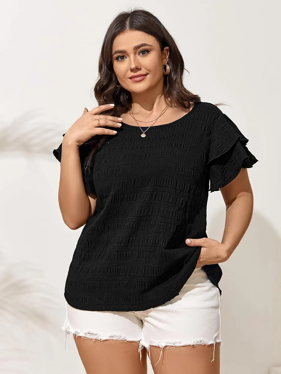 SCOMCHIC Womens Plus Size Textured Tops Summer Ruffle Short Sleeve Casual T Shirts Crewneck Loose Fit Tee Blouse Shirts
