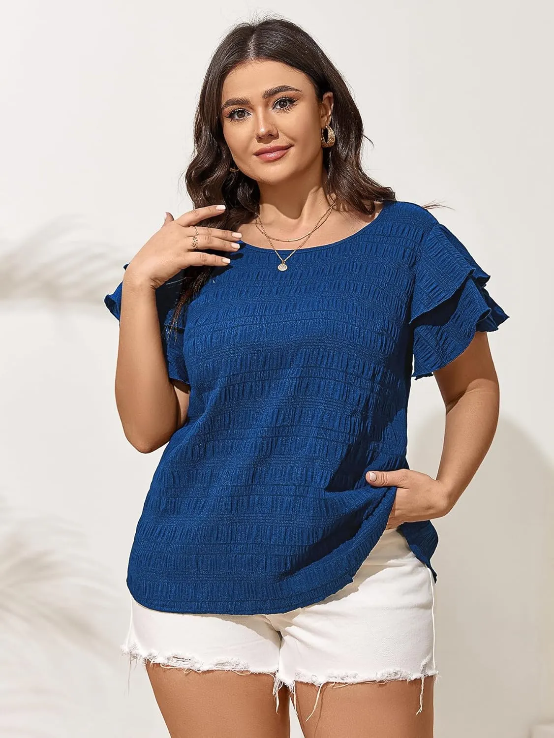 SCOMCHIC Womens Plus Size Textured Tops Summer Ruffle Short Sleeve Casual T Shirts Crewneck Loose Fit Tee Blouse Shirts