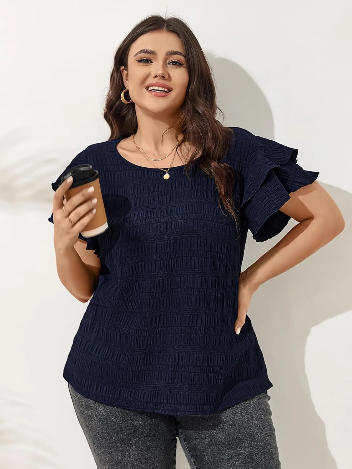 SCOMCHIC Womens Plus Size Textured Tops Summer Ruffle Short Sleeve Casual T Shirts Crewneck Loose Fit Tee Blouse Shirts