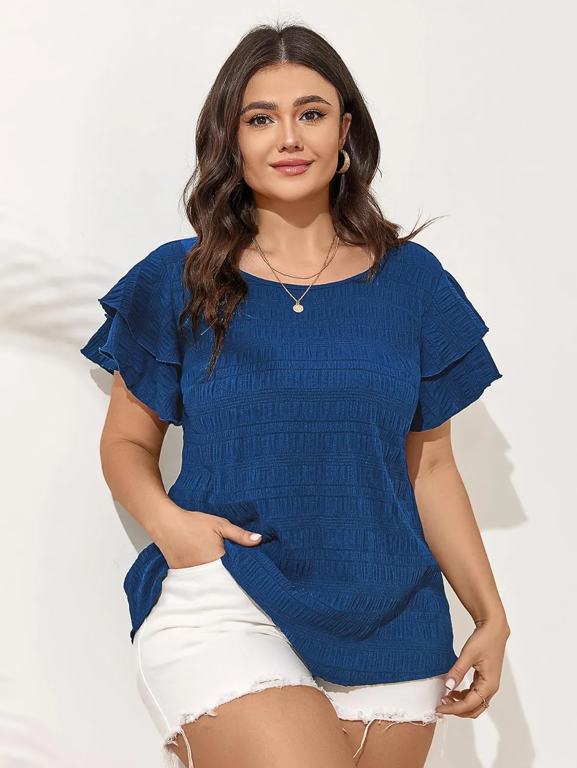 SCOMCHIC Womens Plus Size Textured Tops Summer Ruffle Short Sleeve Casual T Shirts Crewneck Loose Fit Tee Blouse Shirts