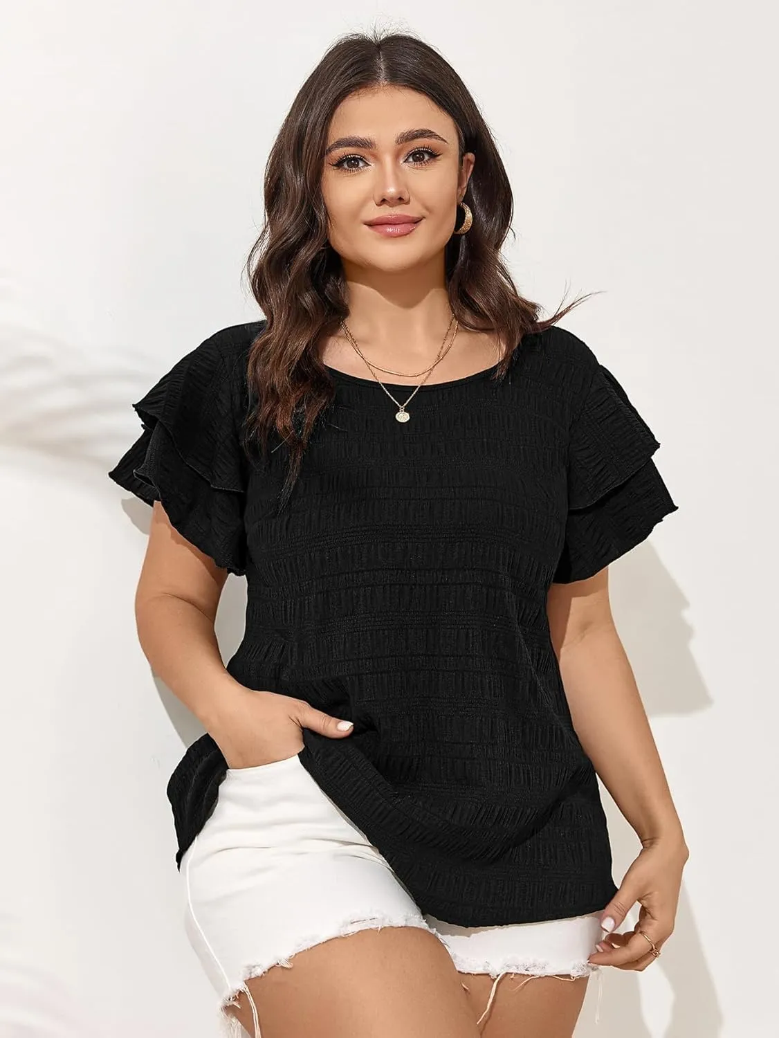 SCOMCHIC Womens Plus Size Textured Tops Summer Ruffle Short Sleeve Casual T Shirts Crewneck Loose Fit Tee Blouse Shirts