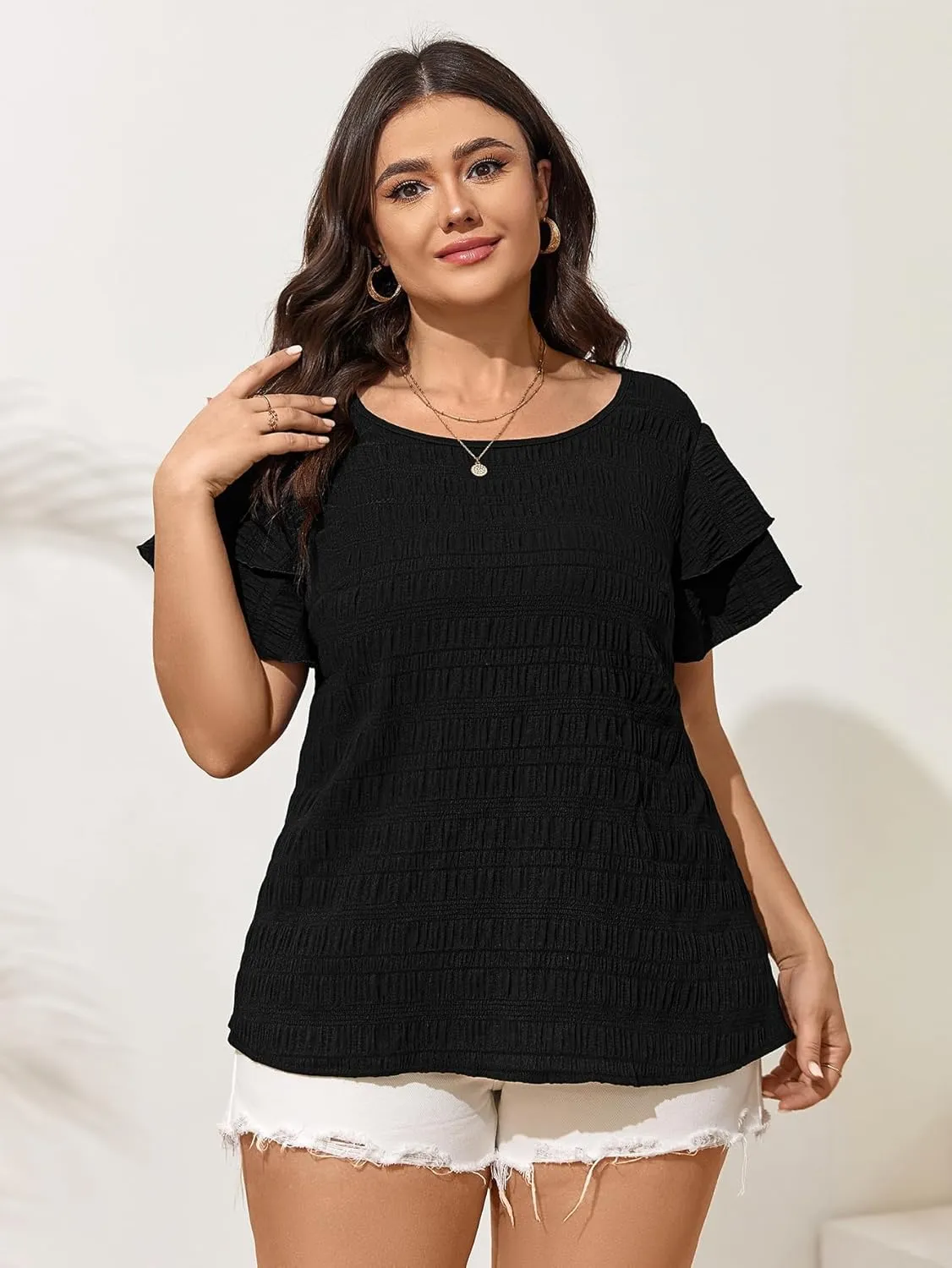SCOMCHIC Womens Plus Size Textured Tops Summer Ruffle Short Sleeve Casual T Shirts Crewneck Loose Fit Tee Blouse Shirts