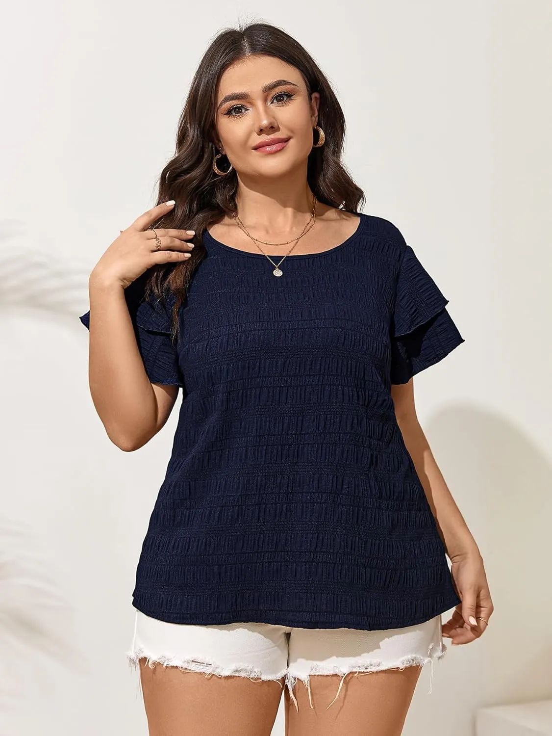 SCOMCHIC Womens Plus Size Textured Tops Summer Ruffle Short Sleeve Casual T Shirts Crewneck Loose Fit Tee Blouse Shirts