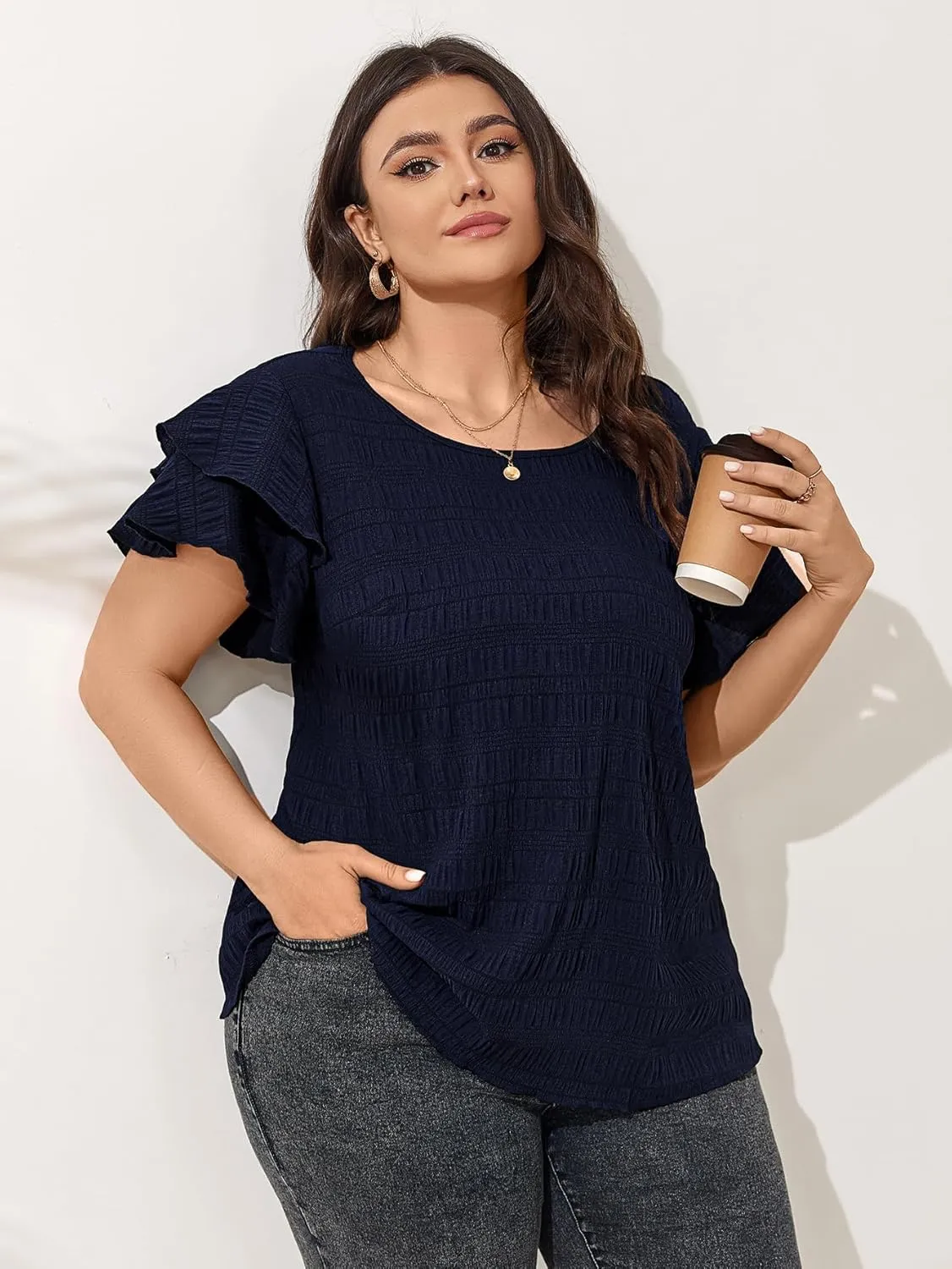 SCOMCHIC Womens Plus Size Textured Tops Summer Ruffle Short Sleeve Casual T Shirts Crewneck Loose Fit Tee Blouse Shirts