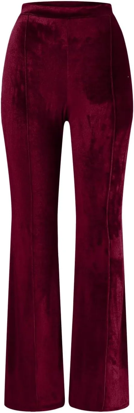 sdbrld Velvet Pants Women High Waisted Wide Leg Flare Elastic Waist Pull On Trousers Sparkle Pants