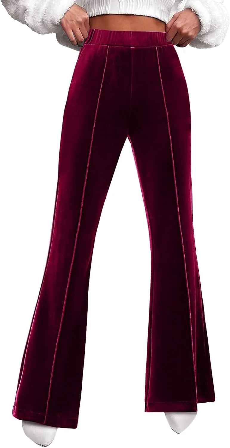 sdbrld Velvet Pants Women High Waisted Wide Leg Flare Elastic Waist Pull On Trousers Sparkle Pants