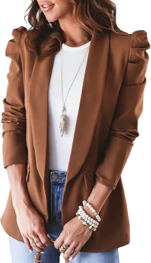 SEMATOMALA Women's Puff Sleeve Shoulder Pad Slim Business Blazer Suit Casual Lapel Open Front Work Office Jacket with Pockets