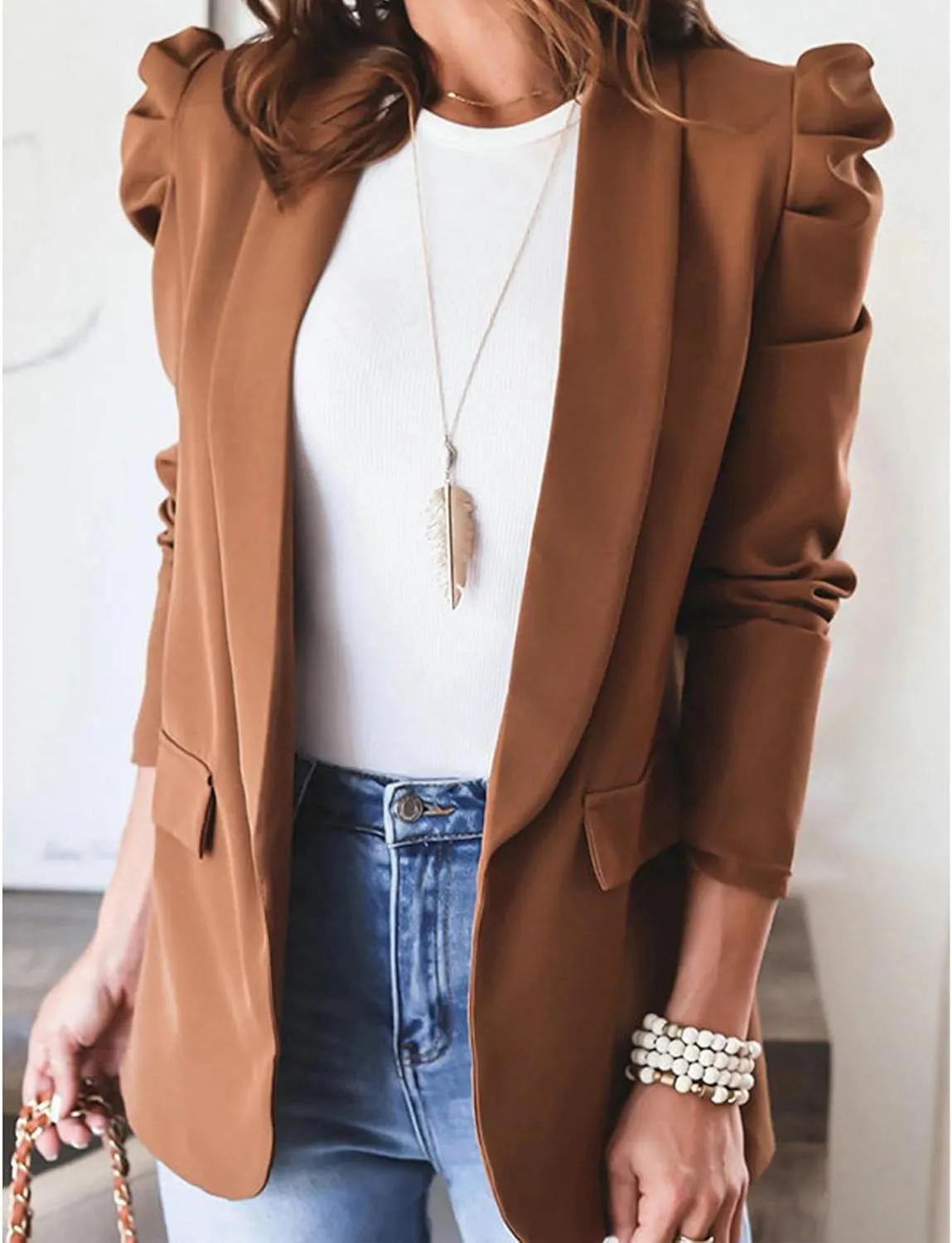 SEMATOMALA Women's Puff Sleeve Shoulder Pad Slim Business Blazer Suit Casual Lapel Open Front Work Office Jacket with Pockets