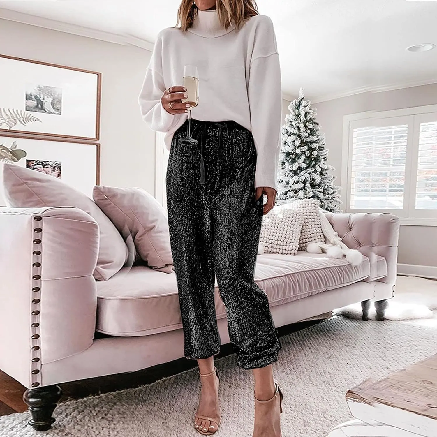 Sequin Joggers for Women Casual Drawstring Elastic Sparkle Glitter High Waist Pencil Pants Trousers Clubwear Pants