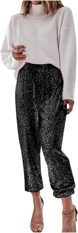Sequin Joggers for Women Casual Drawstring Elastic Sparkle Glitter High Waist Pencil Pants Trousers Clubwear Pants