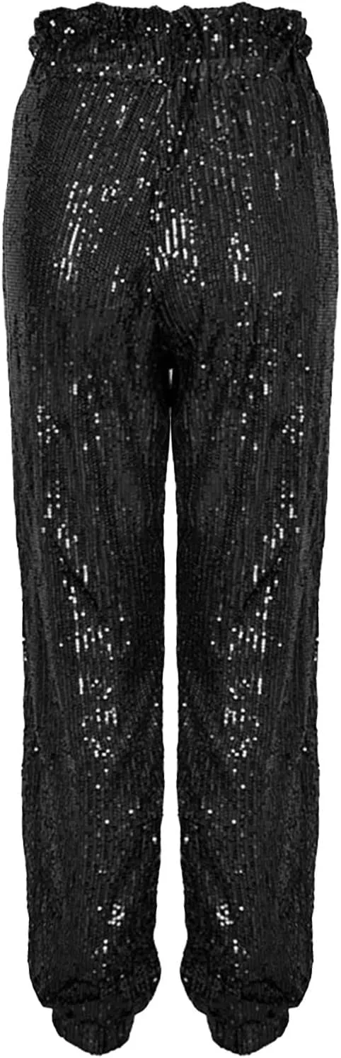 Sequin Joggers for Women Casual Drawstring Elastic Sparkle Glitter High Waist Pencil Pants Trousers Clubwear Pants