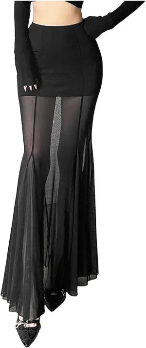 Sheer Mesh Long Skirt for Women Stretchy Tulle Sexy Maxi Skirt Beachwear See-Through Bodysuit Cover Up