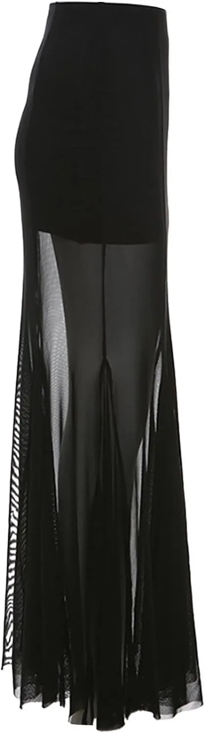 Sheer Mesh Long Skirt for Women Stretchy Tulle Sexy Maxi Skirt Beachwear See-Through Bodysuit Cover Up
