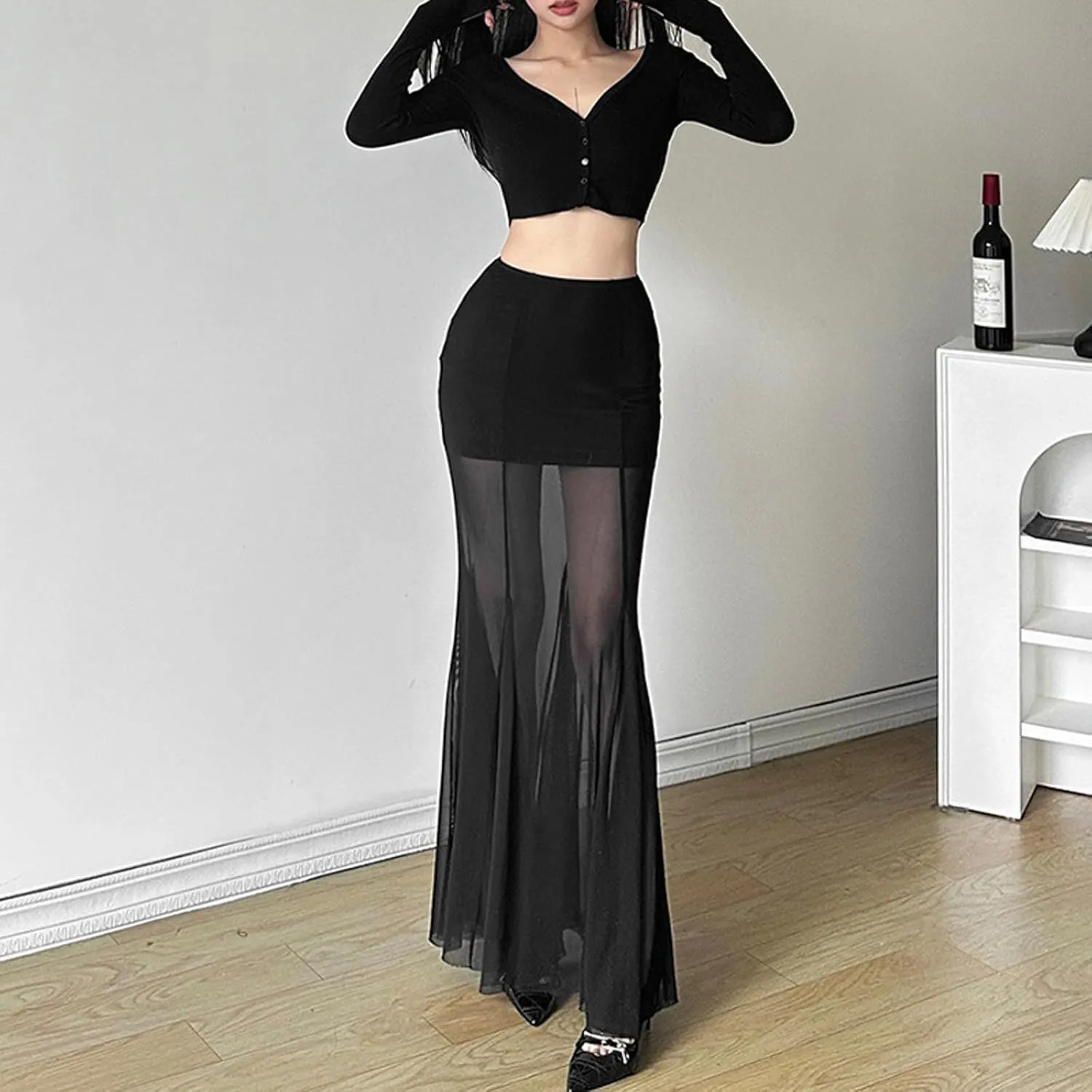 Sheer Mesh Long Skirt for Women Stretchy Tulle Sexy Maxi Skirt Beachwear See-Through Bodysuit Cover Up