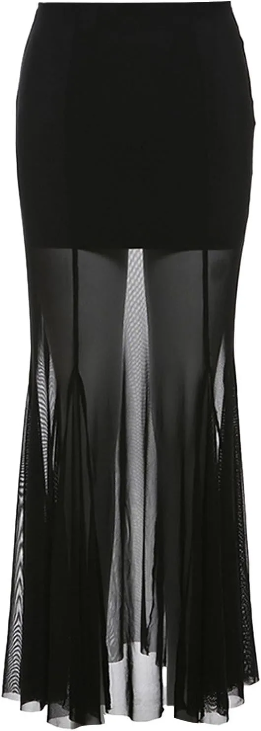 Sheer Mesh Long Skirt for Women Stretchy Tulle Sexy Maxi Skirt Beachwear See-Through Bodysuit Cover Up
