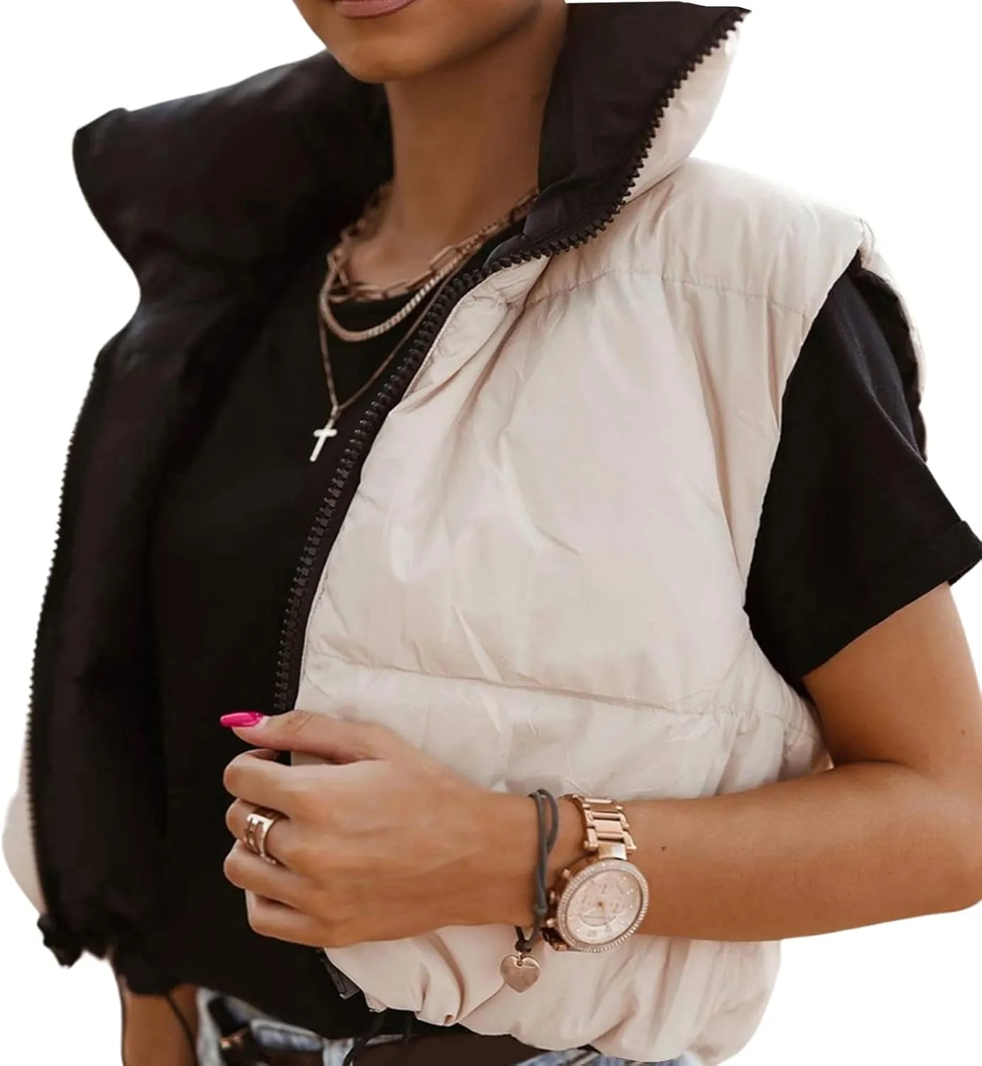 SHIBAOZI Women Girls Cropped Puffer Vest Jackets Casual Zip-up Sleeveless Winter Warm Down Coat