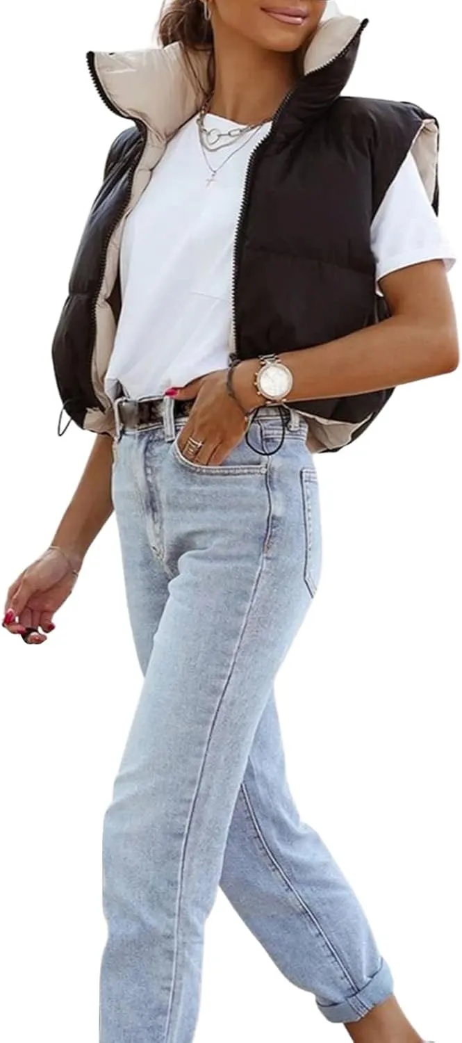SHIBAOZI Women Girls Cropped Puffer Vest Jackets Casual Zip-up Sleeveless Winter Warm Down Coat