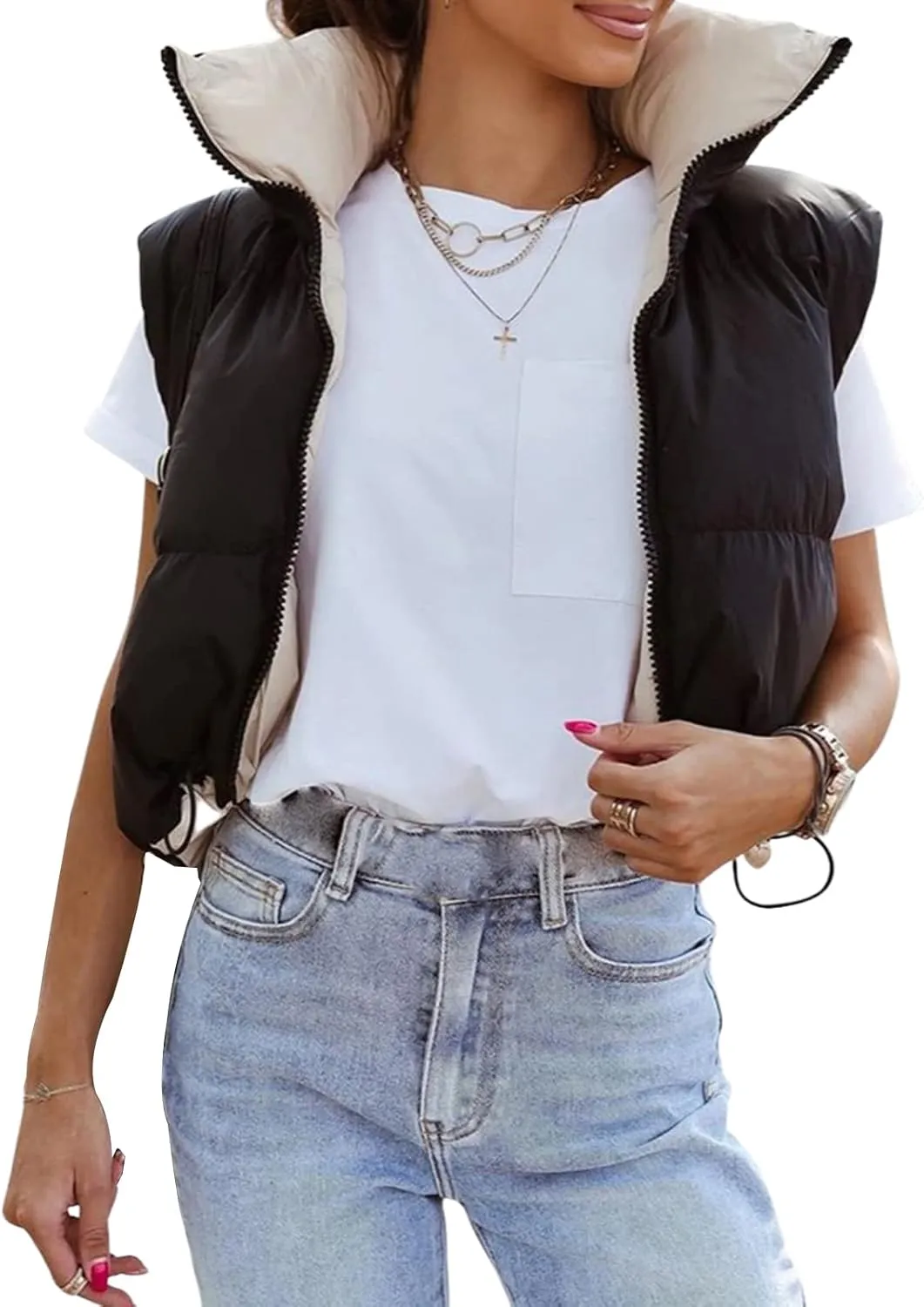 SHIBAOZI Women Girls Cropped Puffer Vest Jackets Casual Zip-up Sleeveless Winter Warm Down Coat
