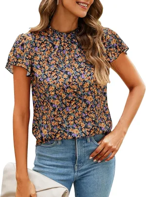 SimpleFun Women Boho Shirts Floral Ruffle Short Sleeve Mock Neck Flowy Casual Summer Blouses Tops