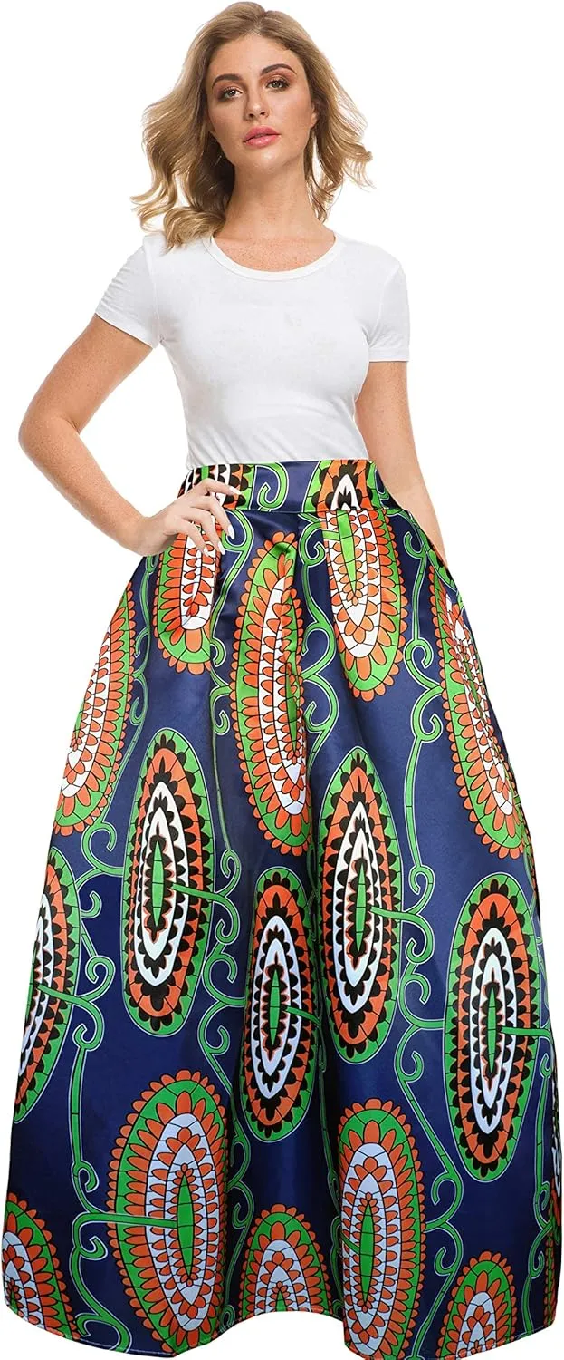 Sinono Women's African Printed Maxi Skirt Flared A Line Long Skirts