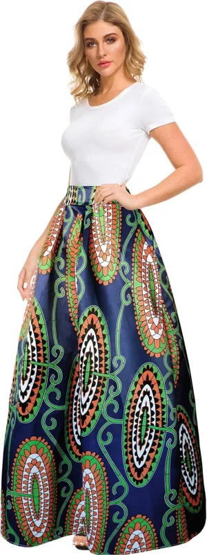 Sinono Women's African Printed Maxi Skirt Flared A Line Long Skirts