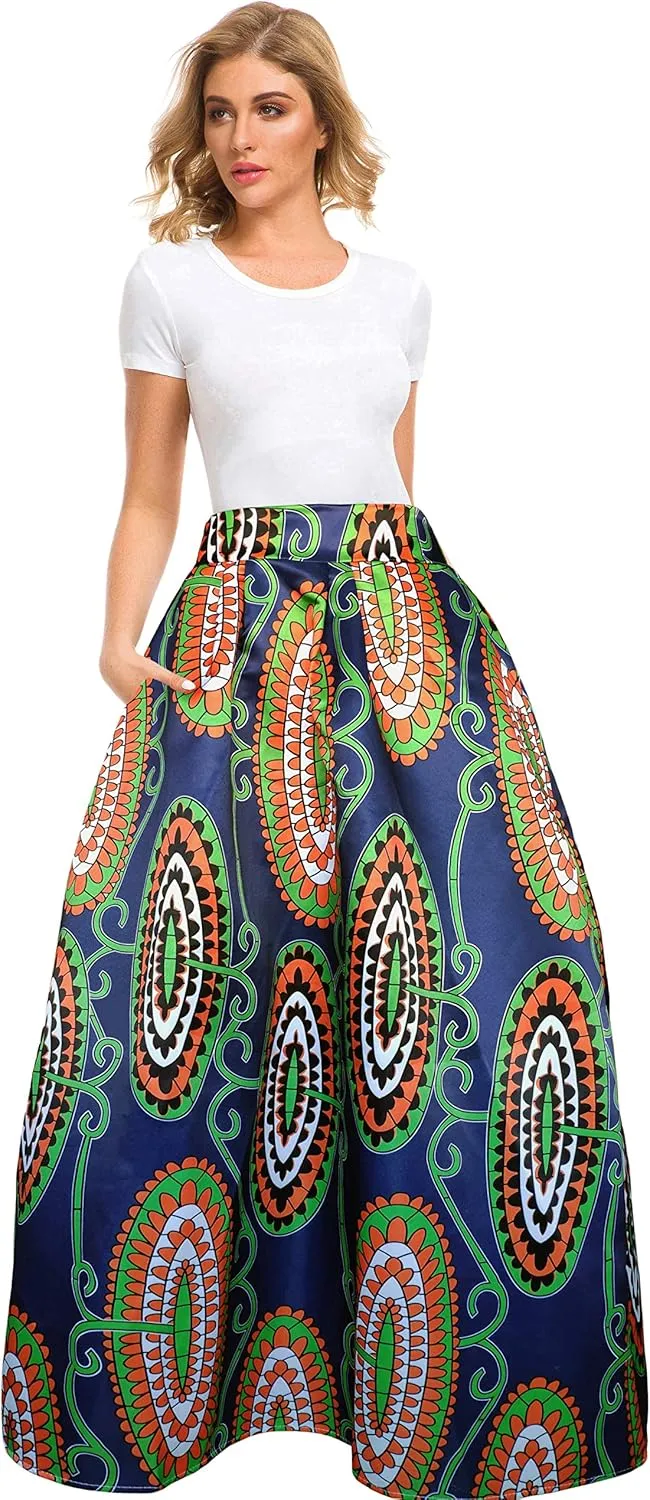 Sinono Women's African Printed Maxi Skirt Flared A Line Long Skirts