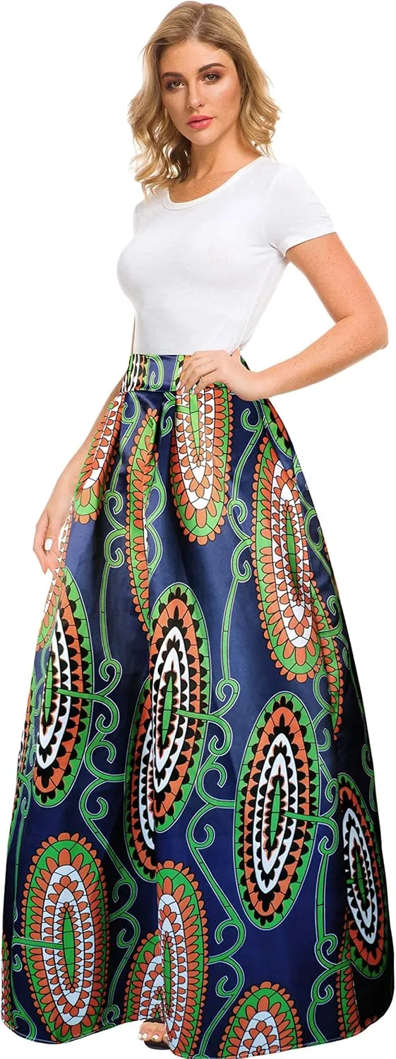 Sinono Women's African Printed Maxi Skirt Flared A Line Long Skirts