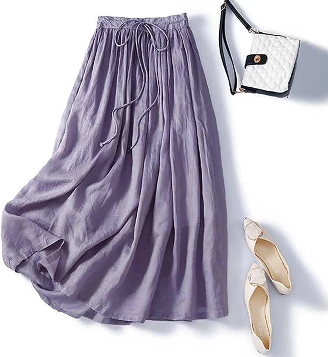Skirts for Women A-Line Cotton Linen Flowy Skirt Casual High Waisted Comfort Skirt Fashion Drawstring Maxi Skirt