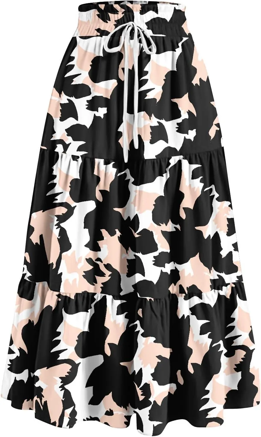 Skirts for Women Summer Tiered Elastic High Waisted Floral Skirt Vacation A Line Drawstring Flowy Long Skirts