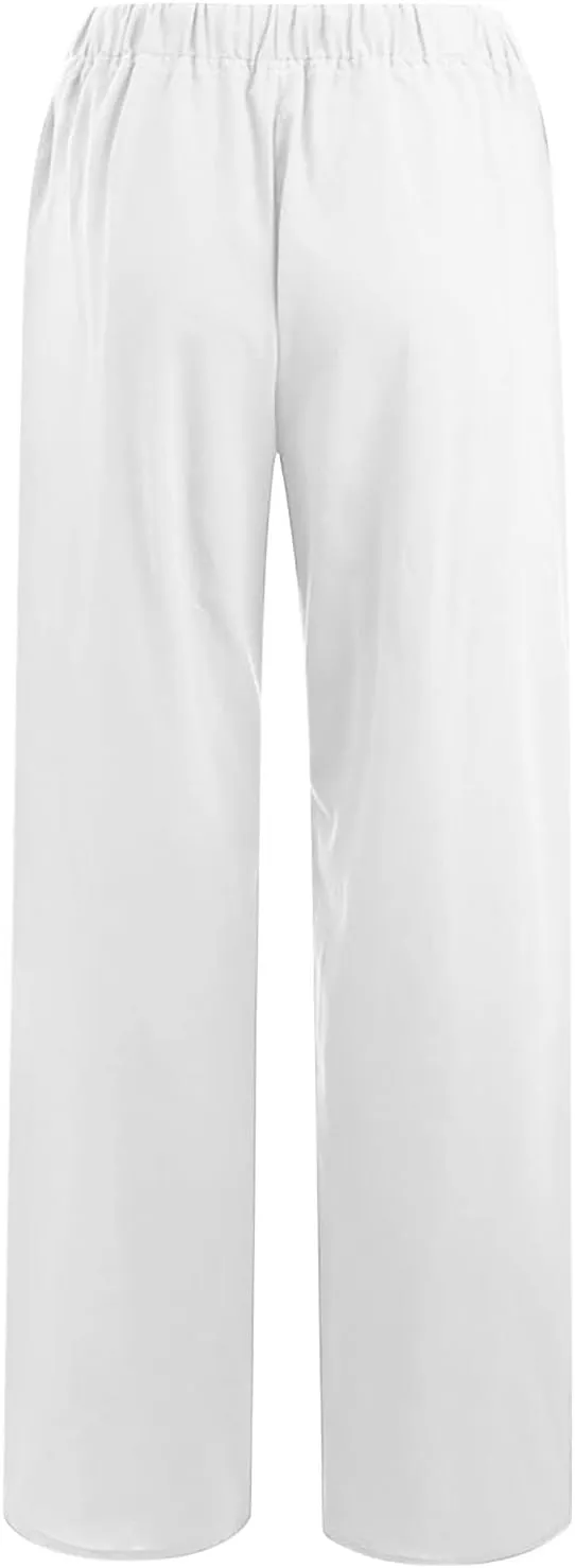 SMIDOW High Waist Wide Leg Pants for Women Drawstring Elastic Waist Casual Loose Comfy Cotton Linen Trousers