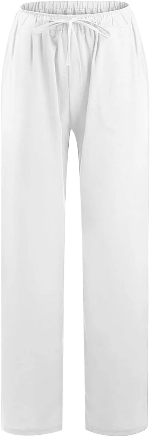 SMIDOW High Waist Wide Leg Pants for Women Drawstring Elastic Waist Casual Loose Comfy Cotton Linen Trousers
