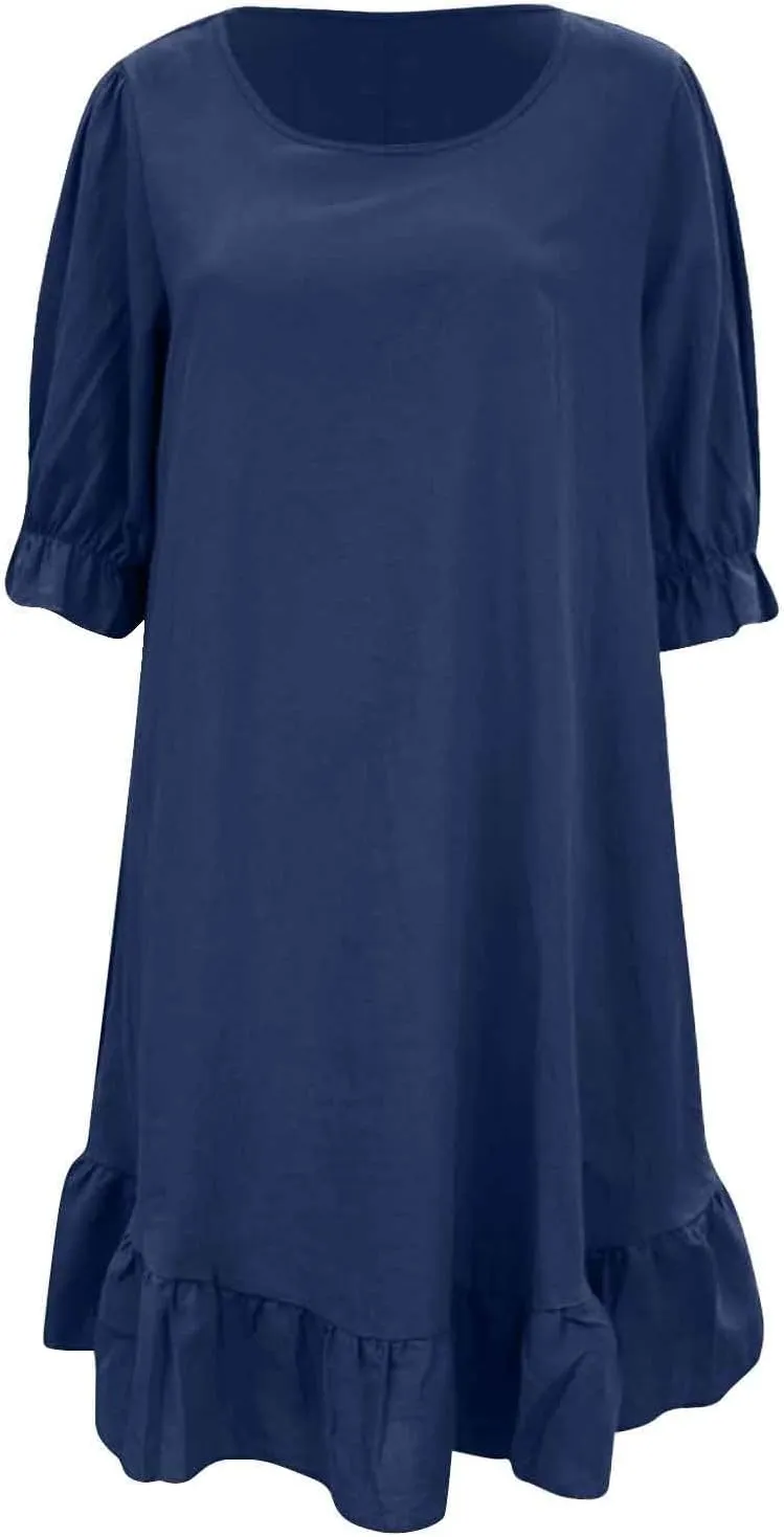Spring Dresses for Women 2024 Midi Fashion Solid Retro Cotton and Linen Mid Sleeve Round Neck Short Sleeve Dress for Women