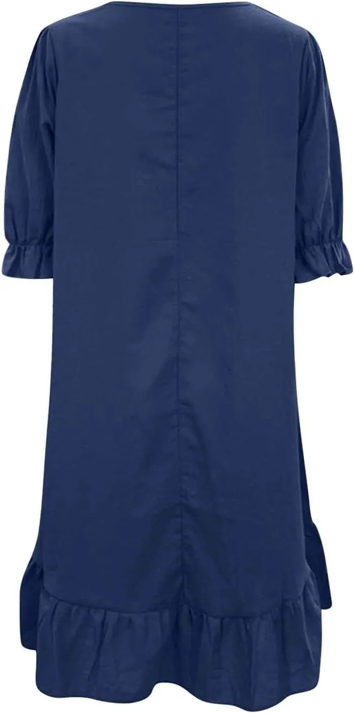 Spring Dresses for Women 2024 Midi Fashion Solid Retro Cotton and Linen Mid Sleeve Round Neck Short Sleeve Dress for Women