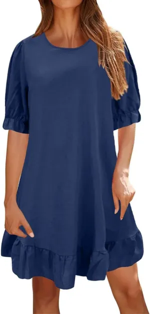 Spring Dresses for Women 2024 Midi Fashion Solid Retro Cotton and Linen Mid Sleeve Round Neck Short Sleeve Dress for Women