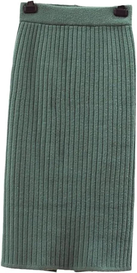 Spring Summer Women Thick Sweater Skirt Elastic High Waist Pleated Midi Knitted Pencil Solid Elegant Skirts
