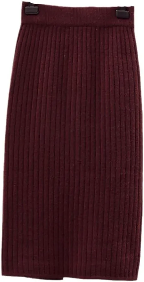 Spring Summer Women Thick Sweater Skirt Elastic High Waist Pleated Midi Knitted Pencil Solid Elegant Skirts