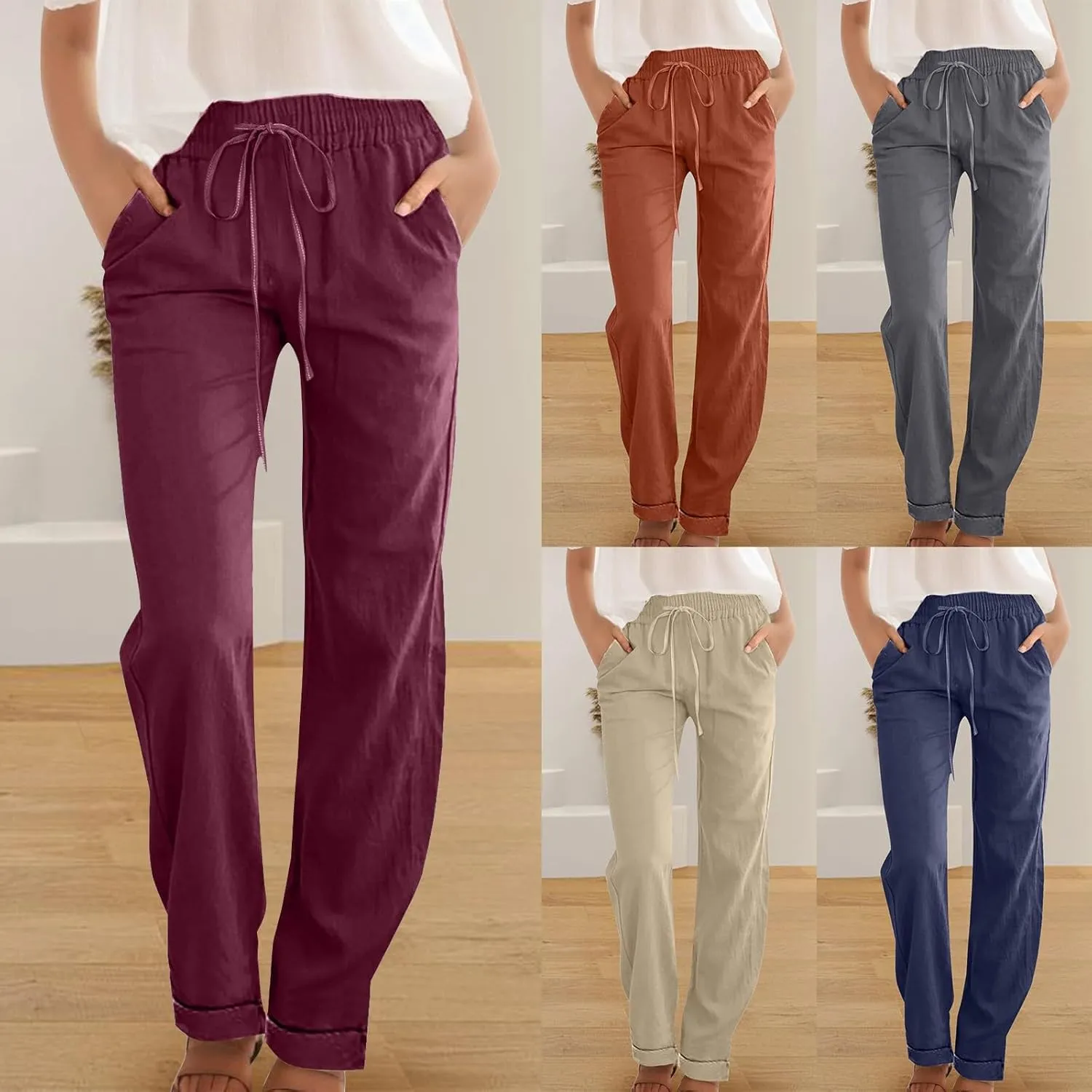 Straight Leg Linen Pants for Women 2025 Summer Slim Leg Elastic Waist Trousers Fashion Casual Lounge Work Office Pant
