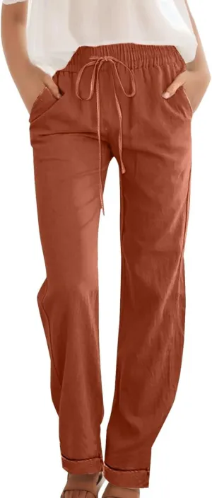 Straight Leg Linen Pants for Women 2025 Summer Slim Leg Elastic Waist Trousers Fashion Casual Lounge Work Office Pant