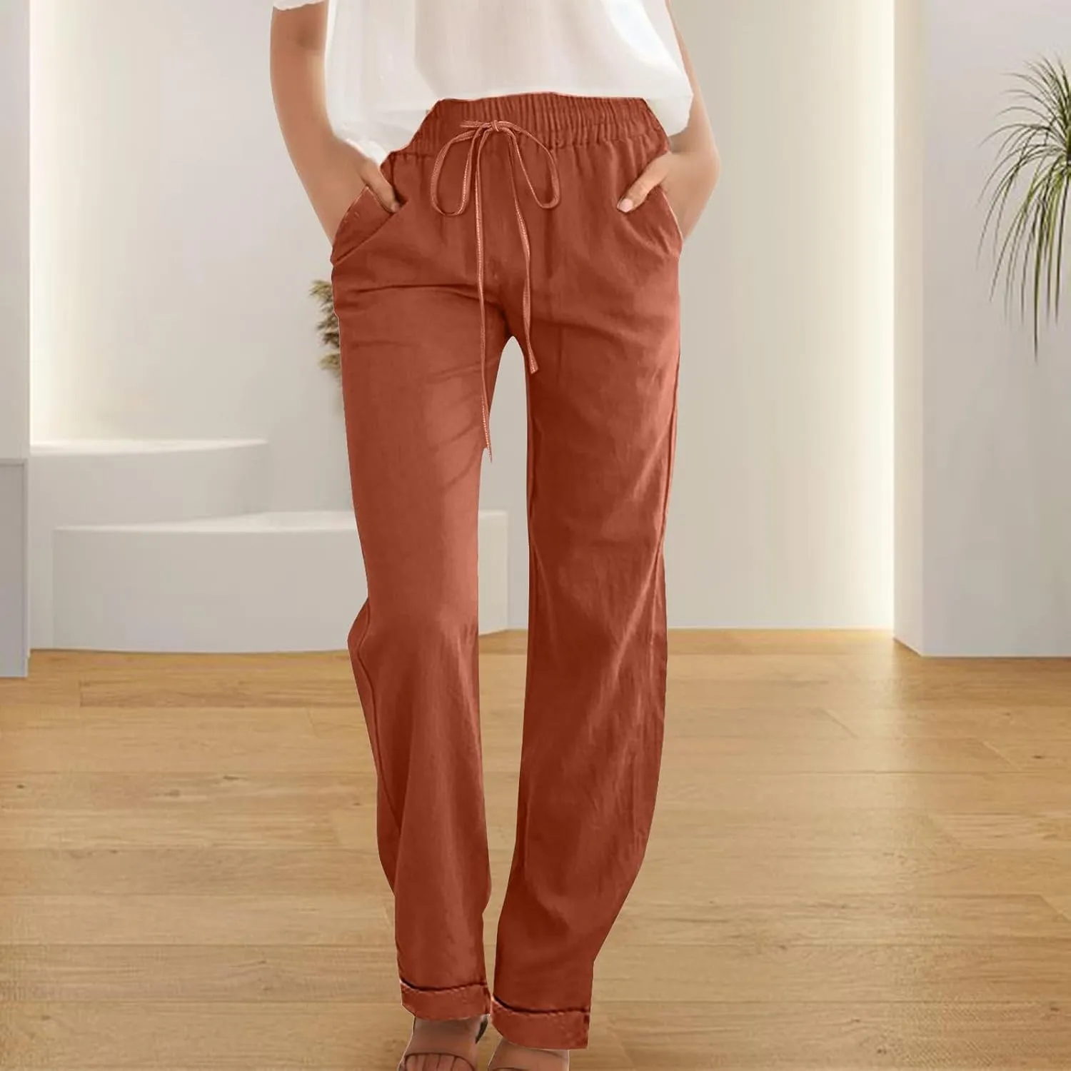 Straight Leg Linen Pants for Women 2025 Summer Slim Leg Elastic Waist Trousers Fashion Casual Lounge Work Office Pant
