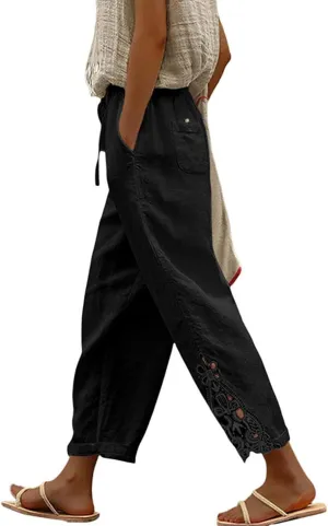 Striped Capri Pants for Women Linen Lightweight Spring Summer 2025 Drawstring Elastic Waist Pinstripe Cropped Trouser