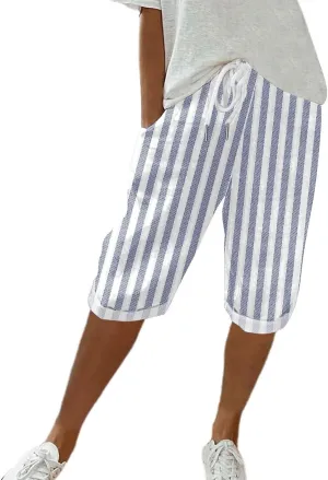 Striped Capri Women Linen Pants Cropped Lightweight Summer Elastic Waist Pocket for Women 2025 Loose Pinstripe Pants