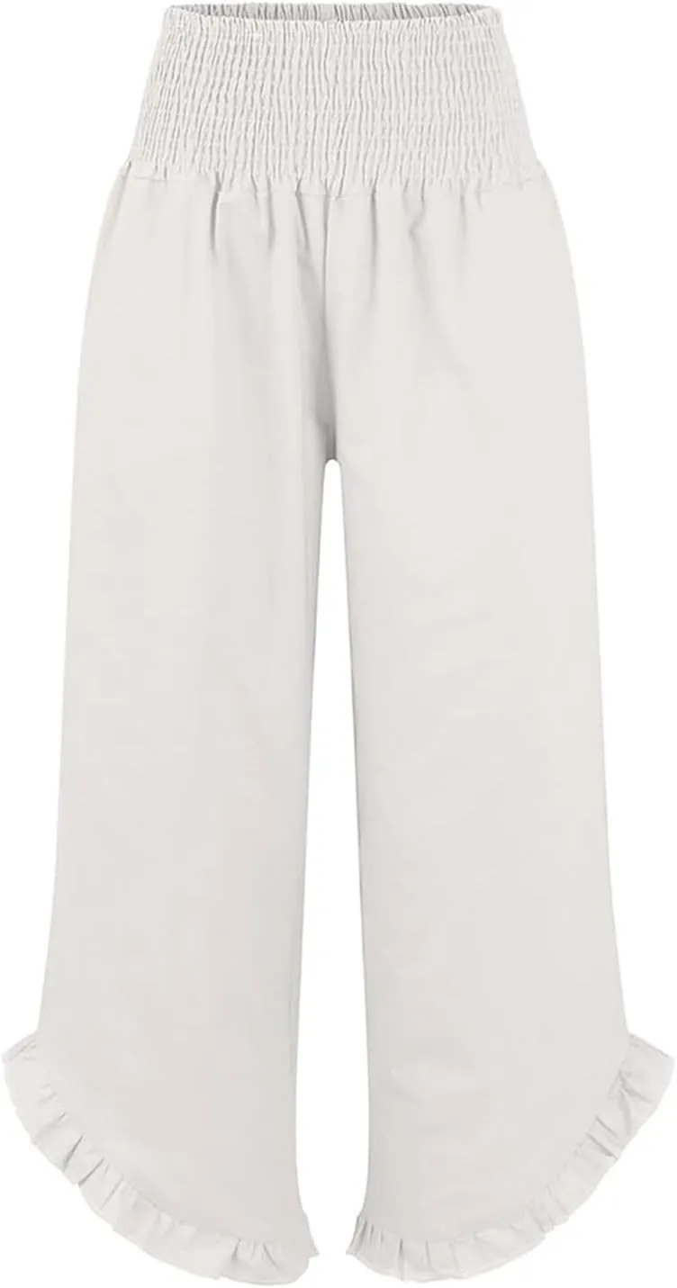 Summer 2025 Trendy Pants for Women Casual Drawstring Elastic High Waist Linen Pant Straight Wide Leg Cropped Trousers