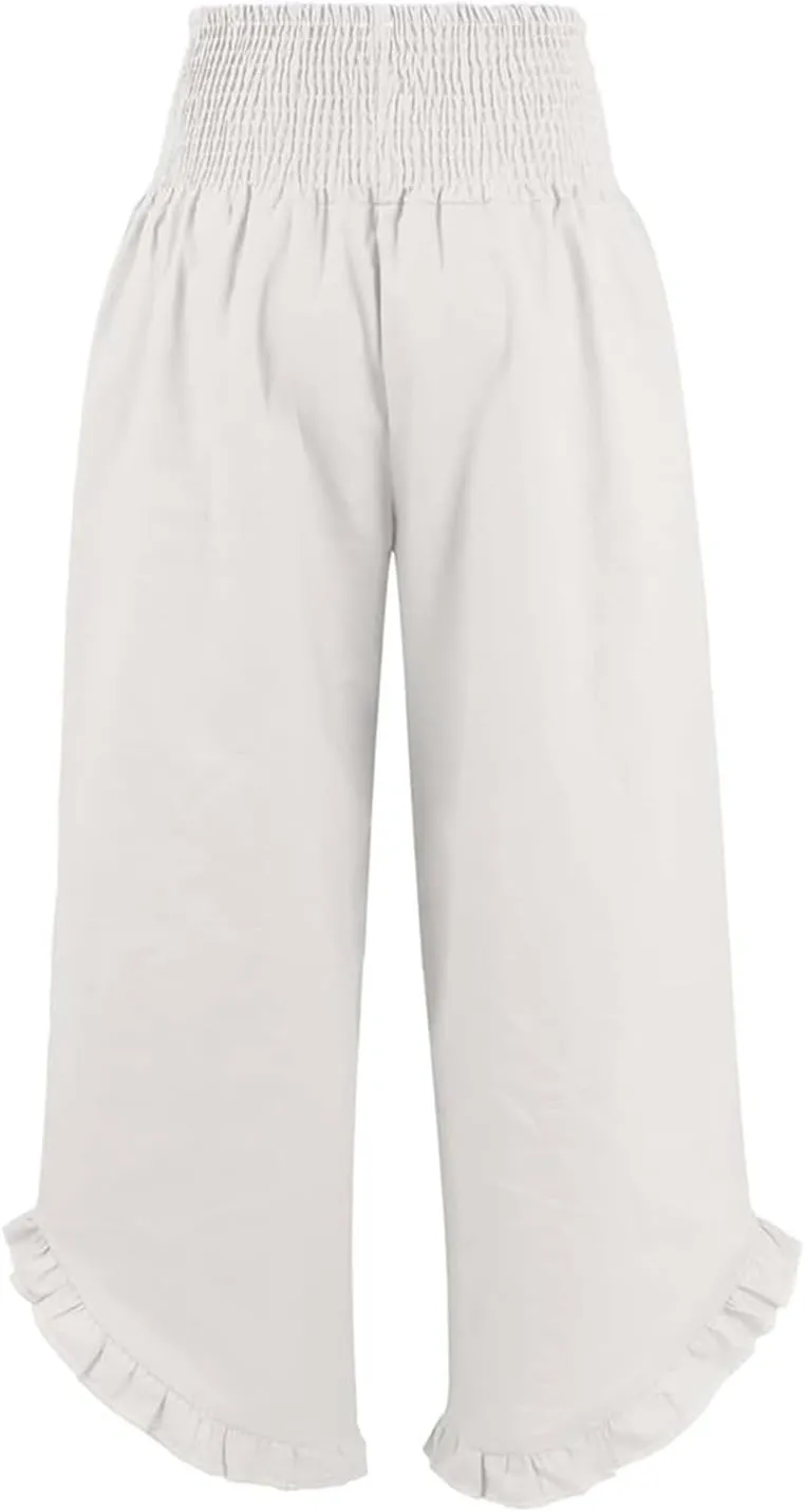 Summer 2025 Trendy Pants for Women Casual Drawstring Elastic High Waist Linen Pant Straight Wide Leg Cropped Trousers