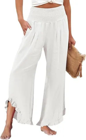 Summer 2025 Trendy Pants for Women Casual Drawstring Elastic High Waist Linen Pant Straight Wide Leg Cropped Trousers