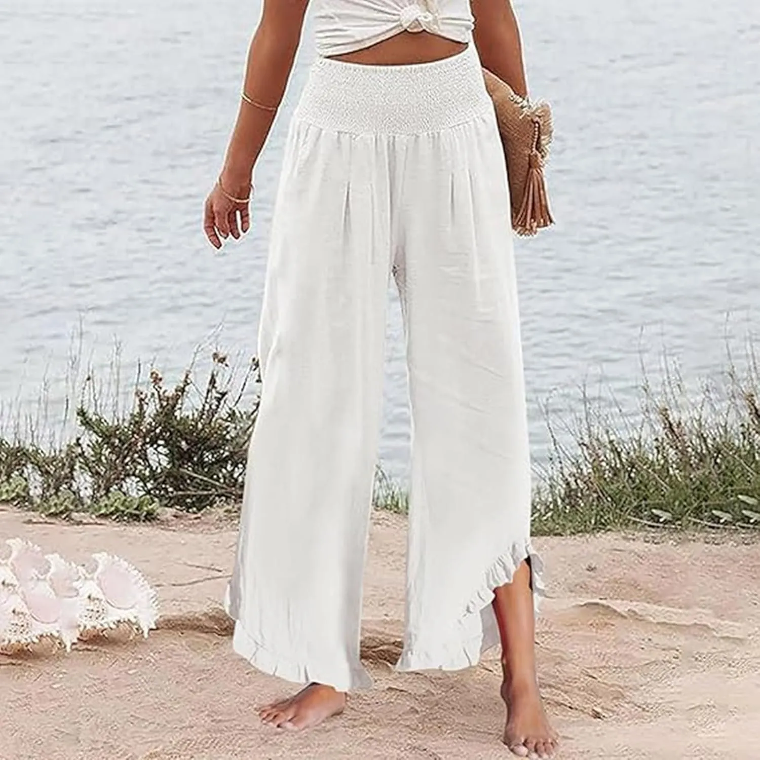 Summer 2025 Trendy Pants for Women Casual Drawstring Elastic High Waist Linen Pant Straight Wide Leg Cropped Trousers